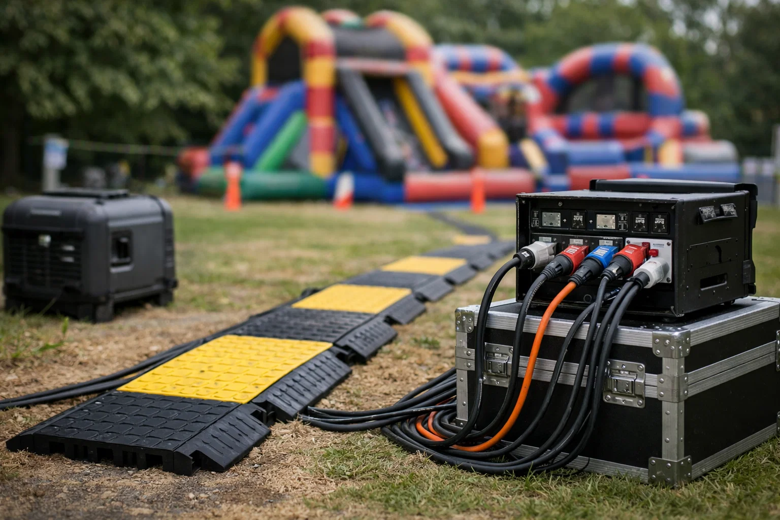 Generator and power cable setup for inflatable rentals at a large outdoor event.