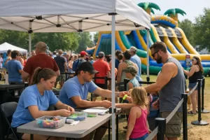 Event staff managing wristband check-in and organized queues for inflatable attractions at a festival.