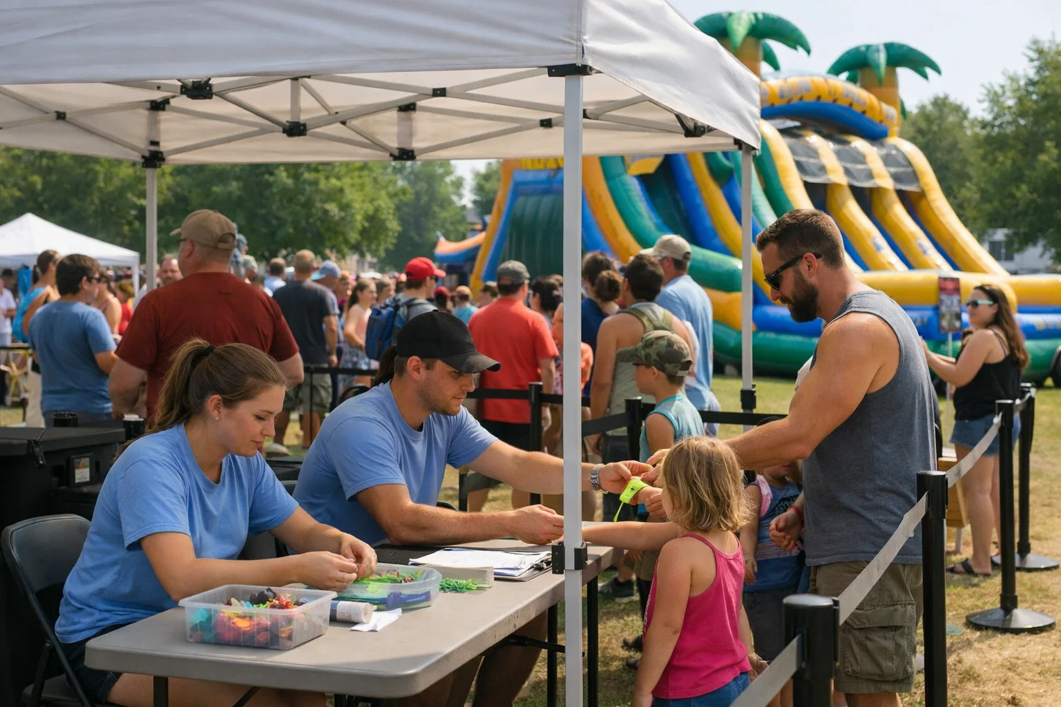 Event staff managing wristband check-in and organized queues for inflatable attractions at a festival.