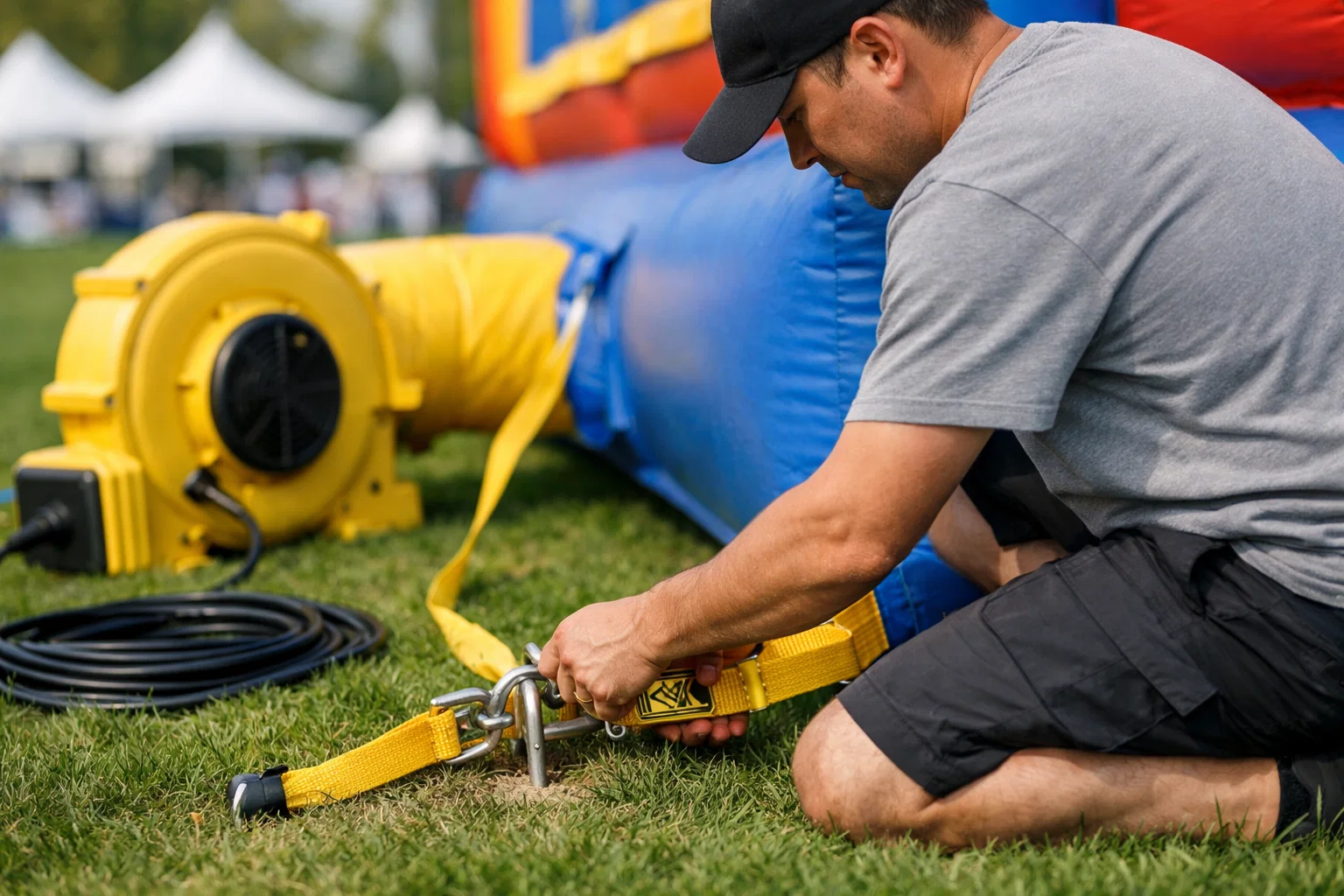 Event staff performing a safety inspection and secure anchoring for a commercial inflatable at a large event.