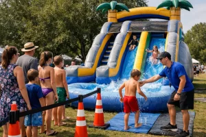 Trained attendant supervising an inflatable water slide rental with organized queue and clear entry and exit flow.