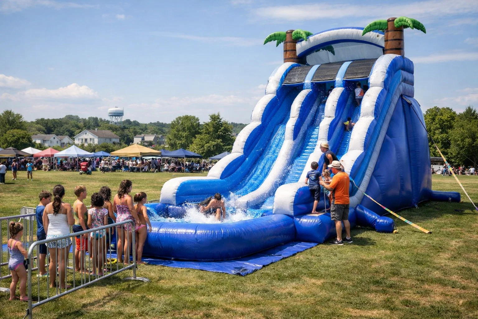 Inflatable water slide rental safety setup with proper anchoring and trained supervision at an outdoor event.