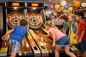 Kids rolling balls on a skee ball game at a party rental event