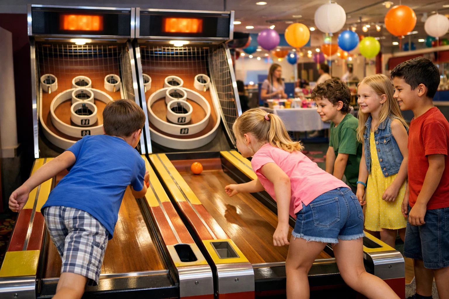 Kids rolling balls on a skee ball game at a party rental event