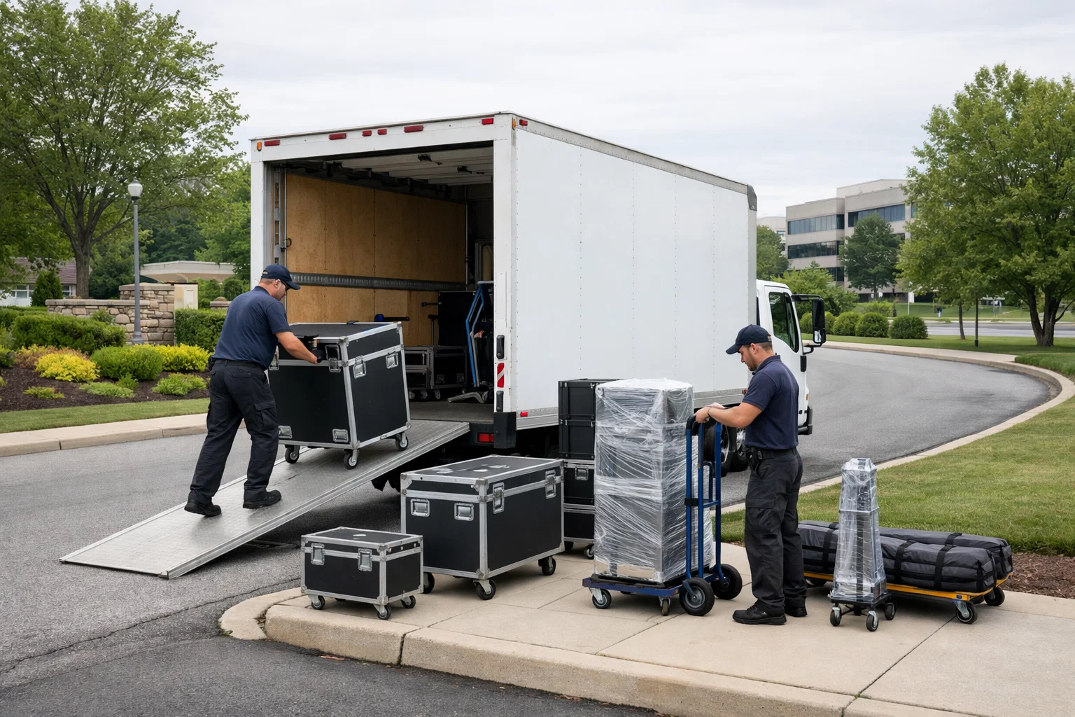 Party rental delivery and setup near King of Prussia showing a box truck and crew unloading equipment efficiently.
