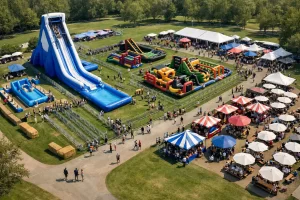 Large-scale event setup with multiple rental zones including inflatables, games, and guest flow paths.