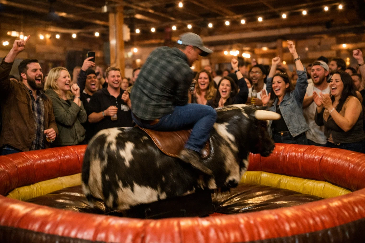 Guests cheering during a mechanical bull rental in Philadelphia, PA
