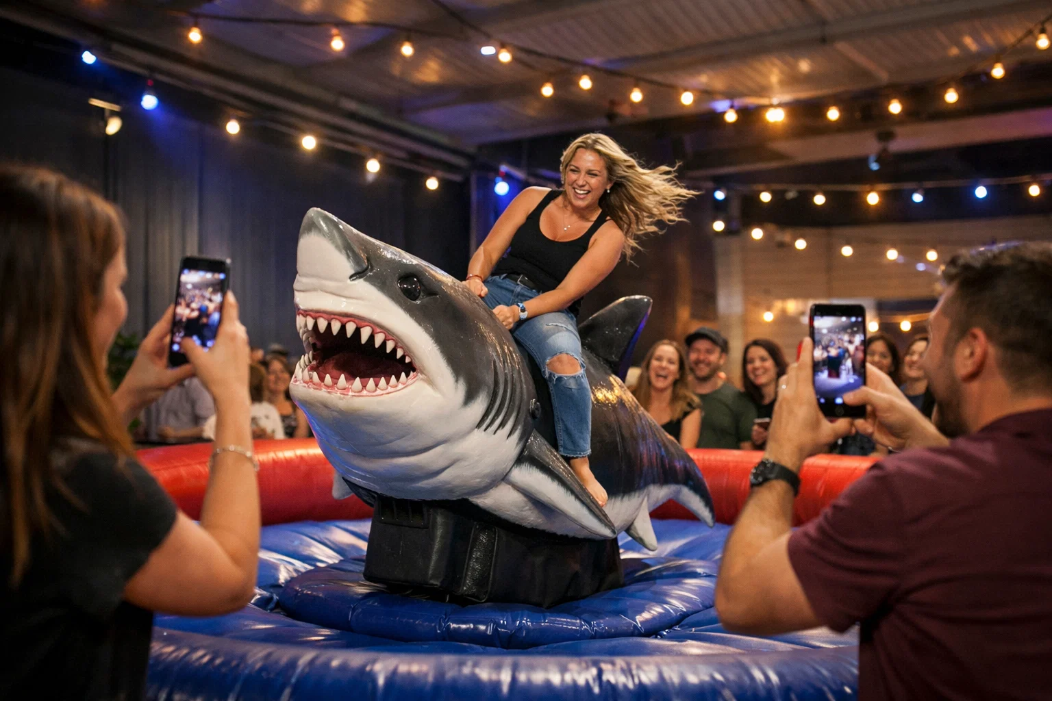 Mechanical shark rental in Philadelphia, PA with guests taking photos