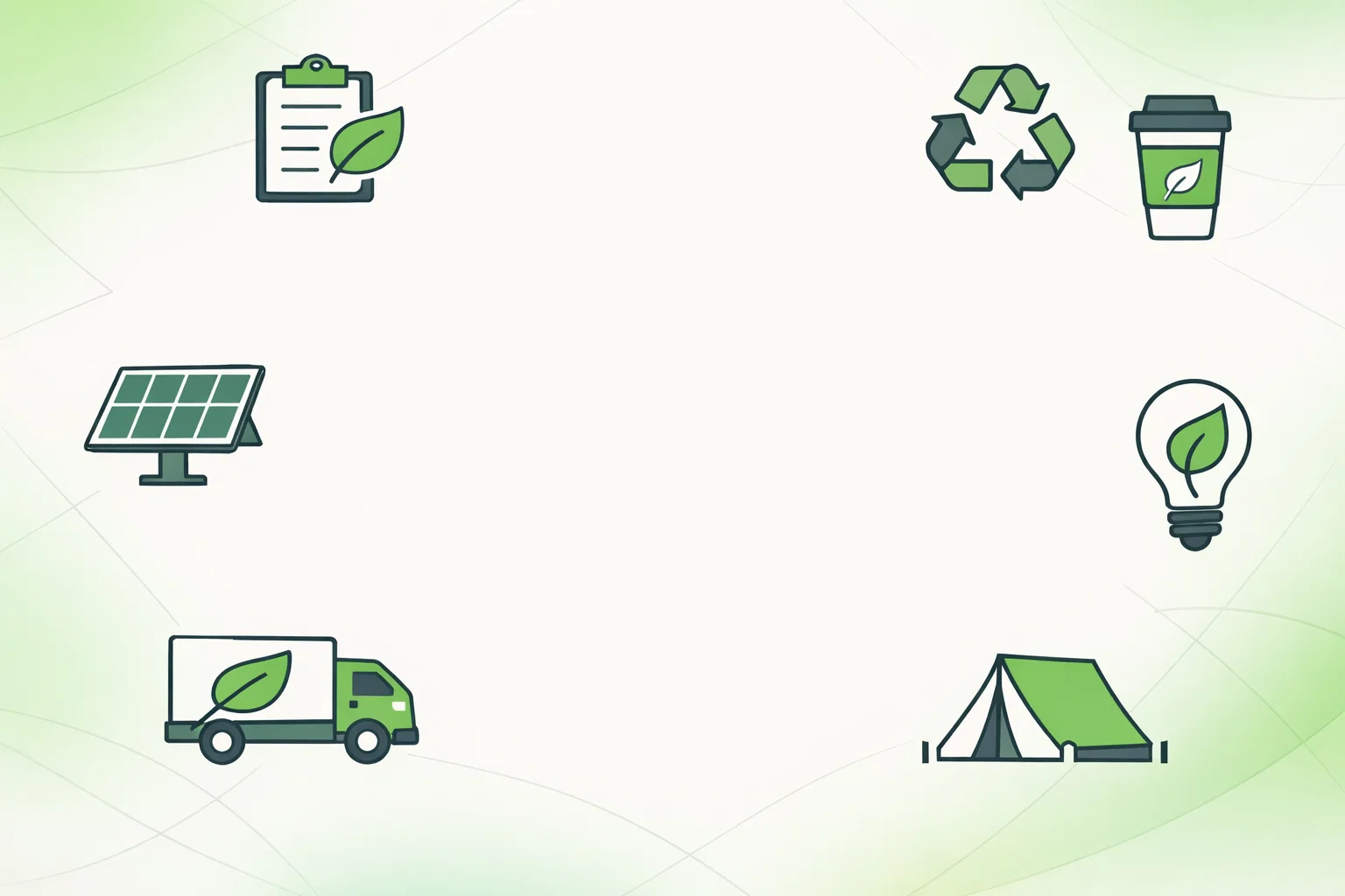 Illustration of eco-friendly event planning icons including recycling, solar power, reusable items, and sustainability symbols