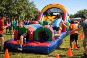 Students racing through an inflatable obstacle course relay during a school field day event.