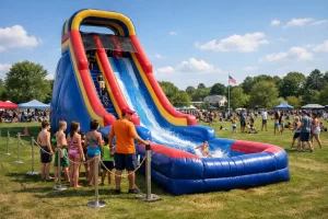 Inflatable water slide rental at a summer event in Pennsylvania with supervised play and organized lines.