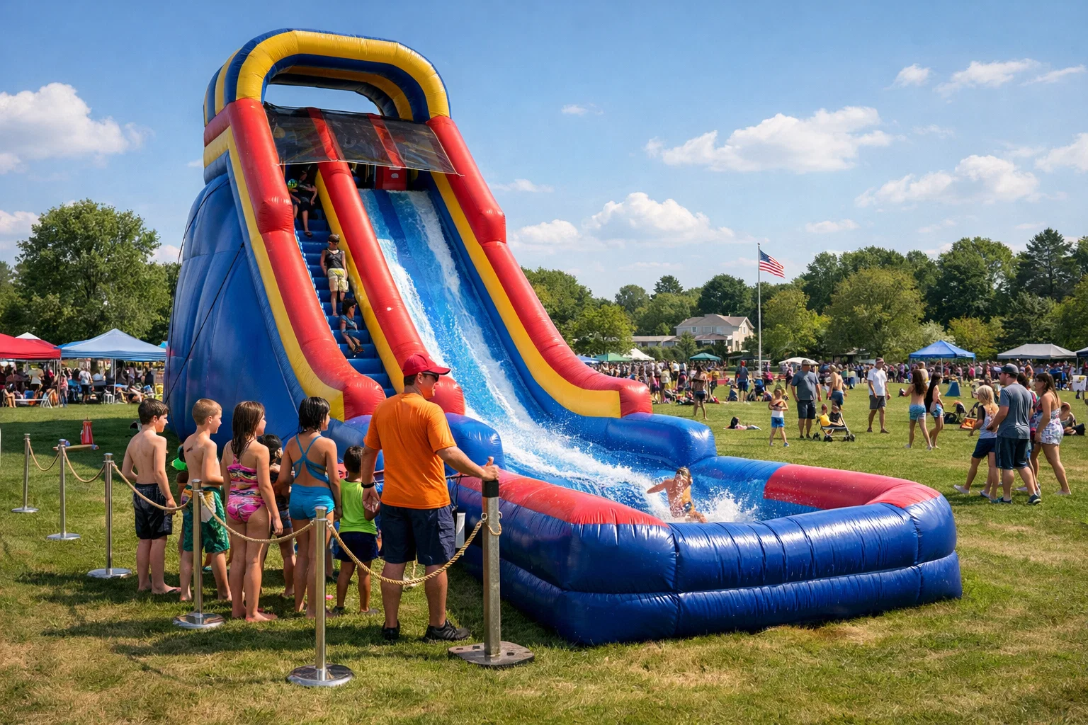 Inflatable water slide rental at a summer event in Pennsylvania with supervised play and organized lines.