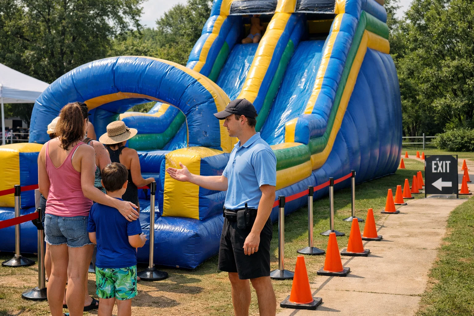 Trained attendant supervising an inflatable water slide rental in Pennsylvania with organized queue control and safe entry-exit flow.