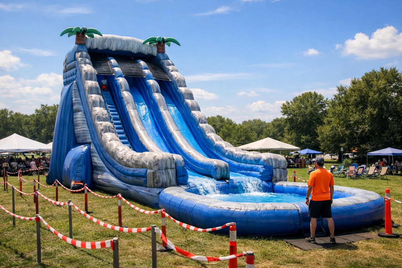 Inflatable water slide rental cost guide for Pennsylvania showing a professional event setup and large slide.