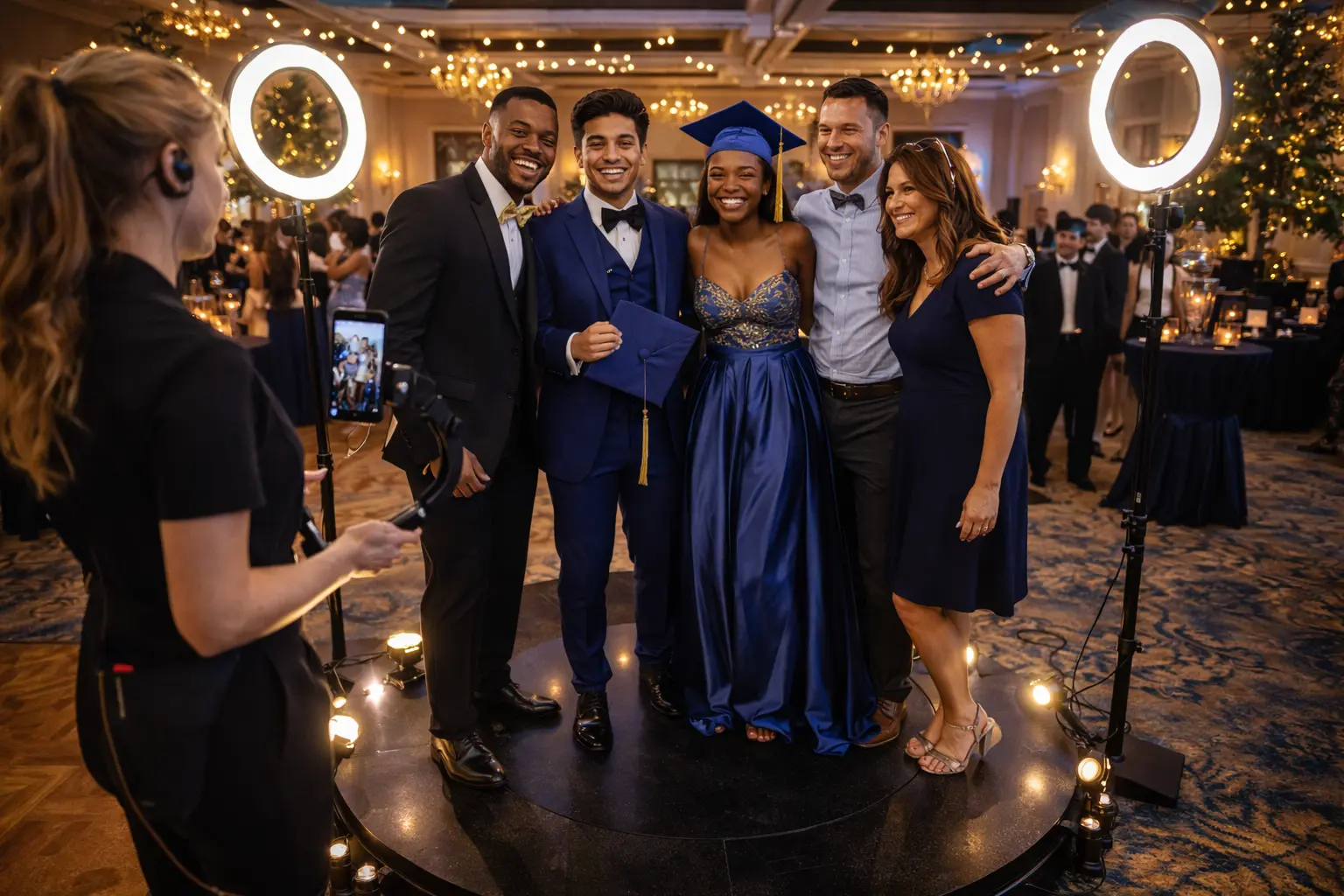 Students using a 360 photo booth at a Philadelphia prom or graduation party