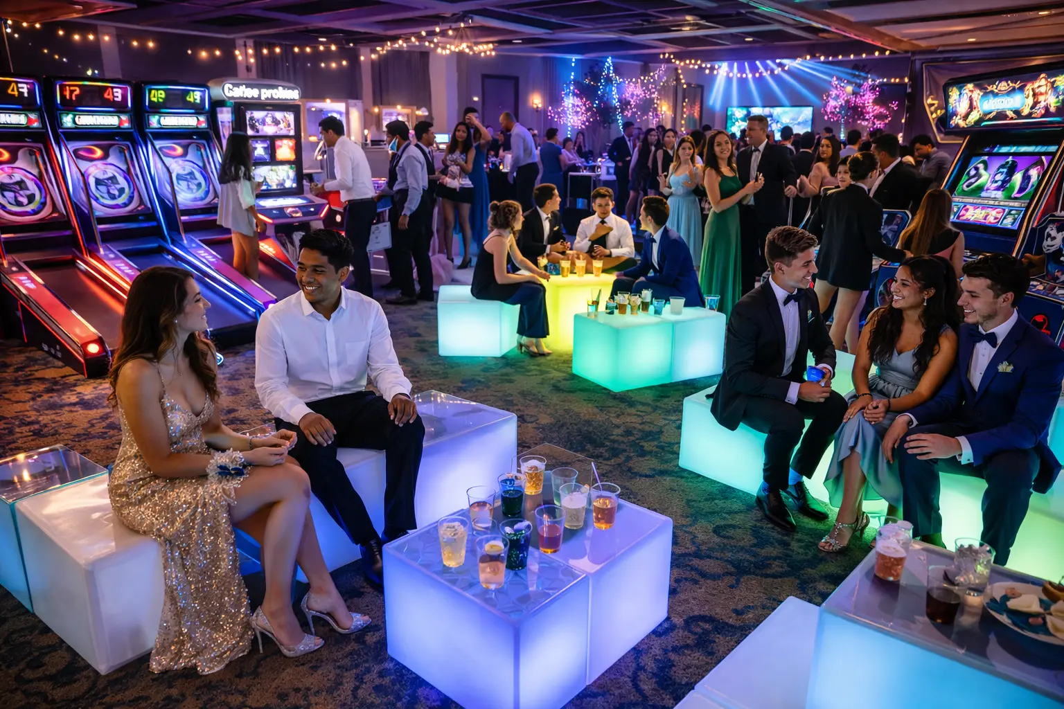 After-prom lounge with arcade games, LED lighting, and flexible seating for students