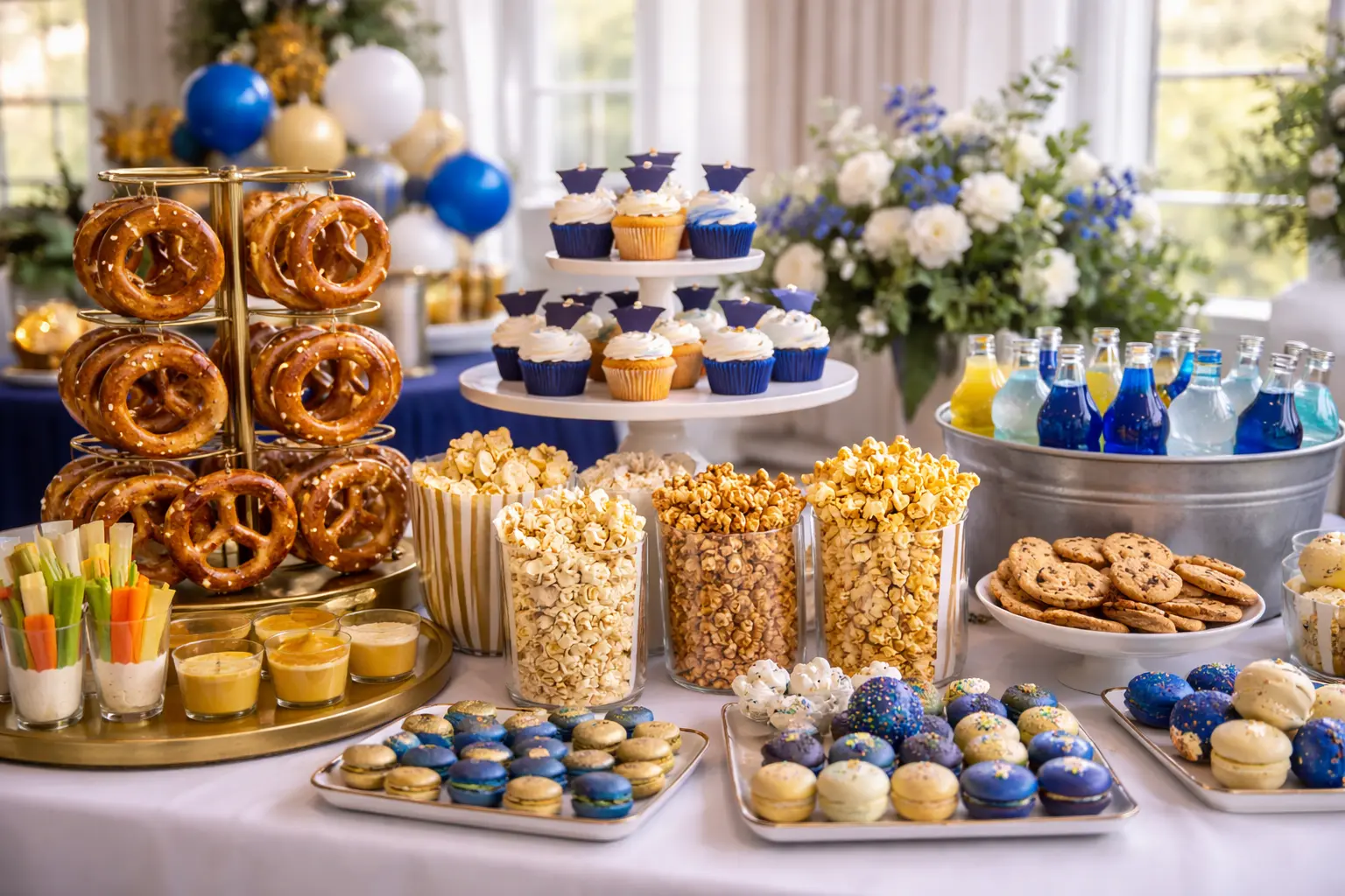 Graduation dessert and snack station with modern decor and school color details
