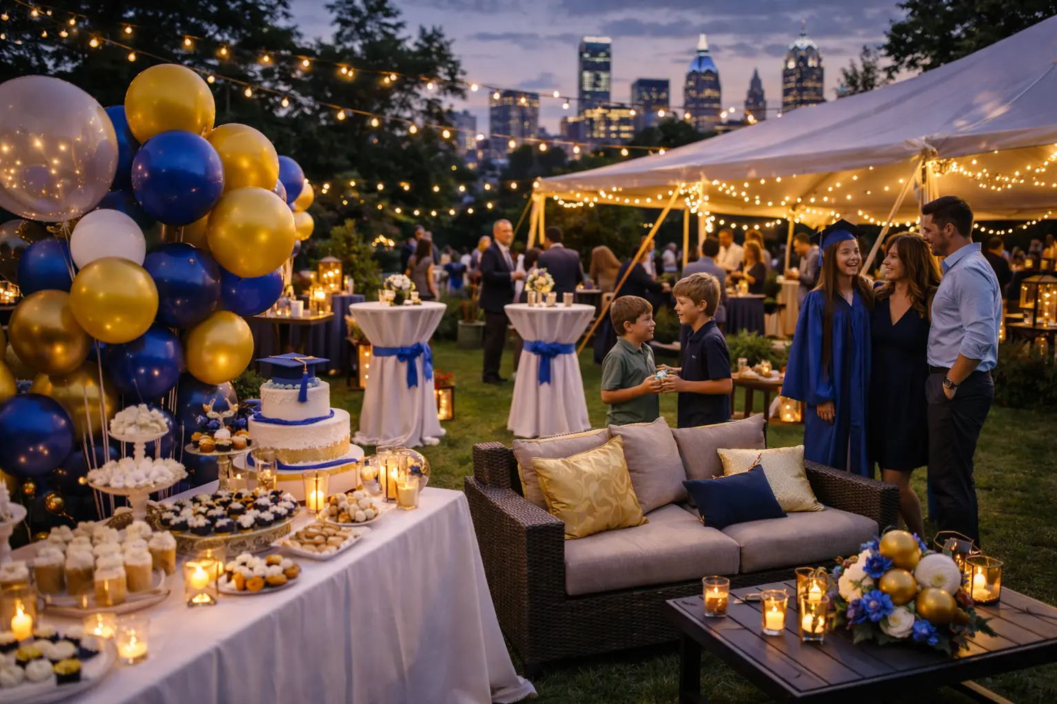 Philadelphia backyard graduation party setup with tent, string lights, lounge seating, and school color accents