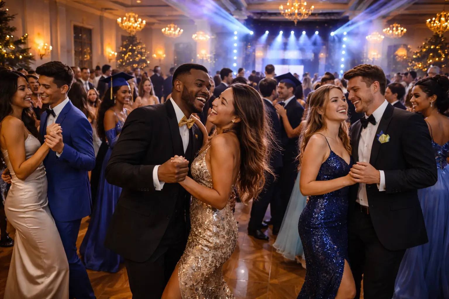 Philadelphia prom dance floor with students dancing under elegant DJ lighting