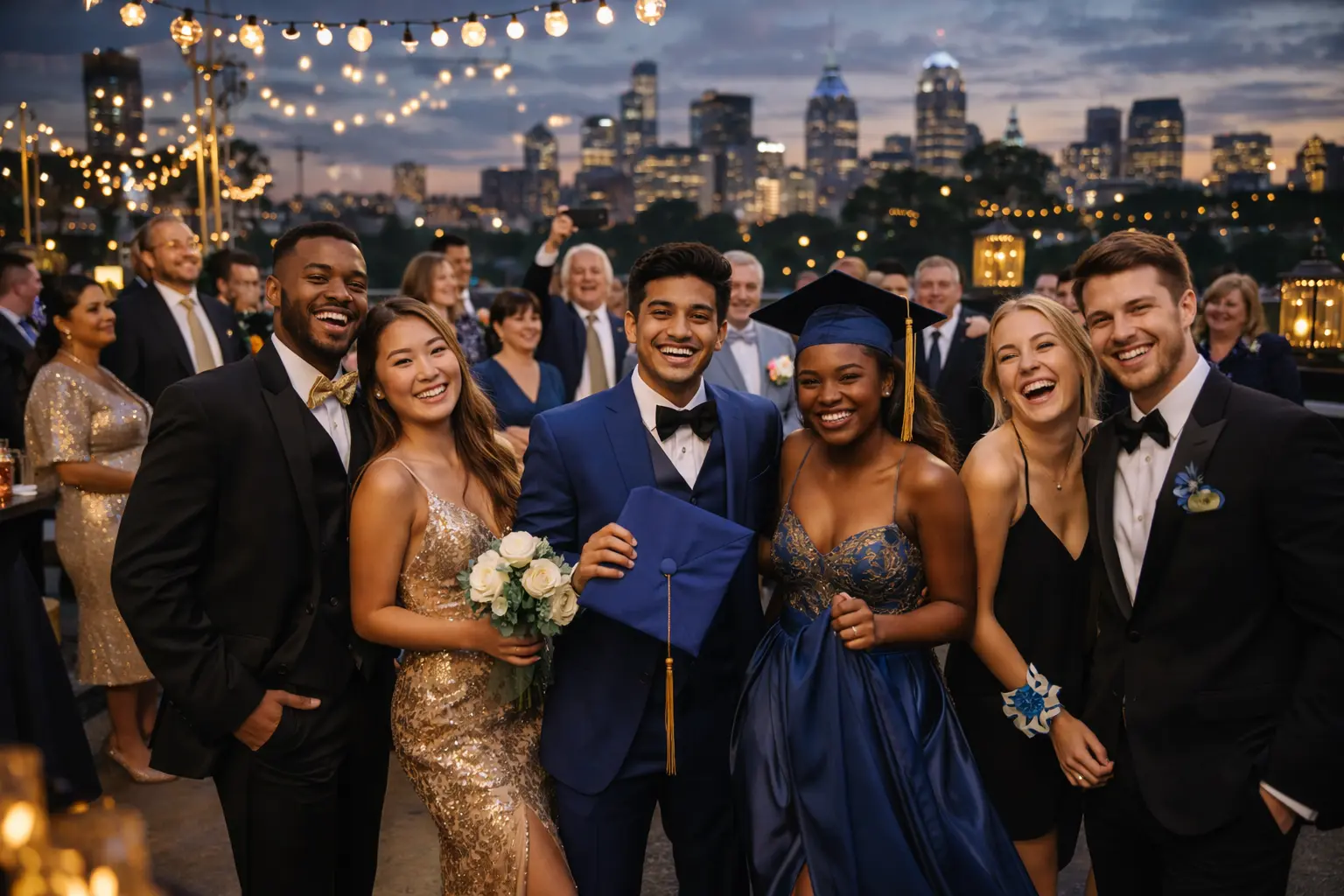 Philadelphia students celebrating prom and graduation with elegant event styling and subtle skyline details