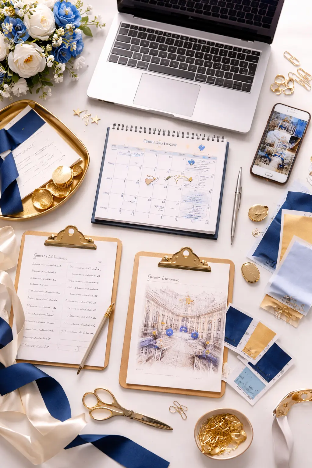 Prom and graduation party planning checklist with calendar, vendor notes, guest list, and color swatches