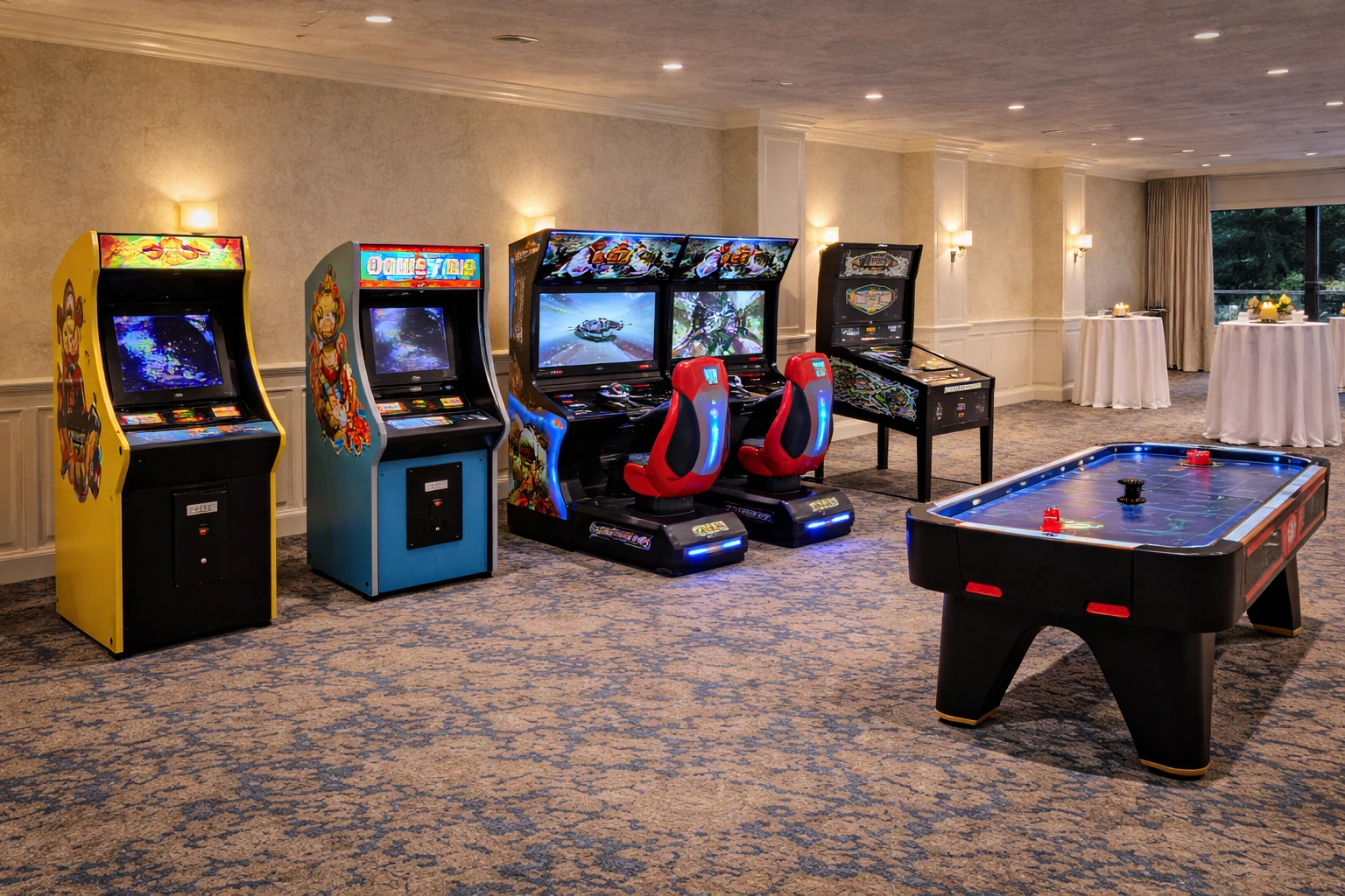Arcade game rentals in Delaware with classic and modern arcade machines set up for an event