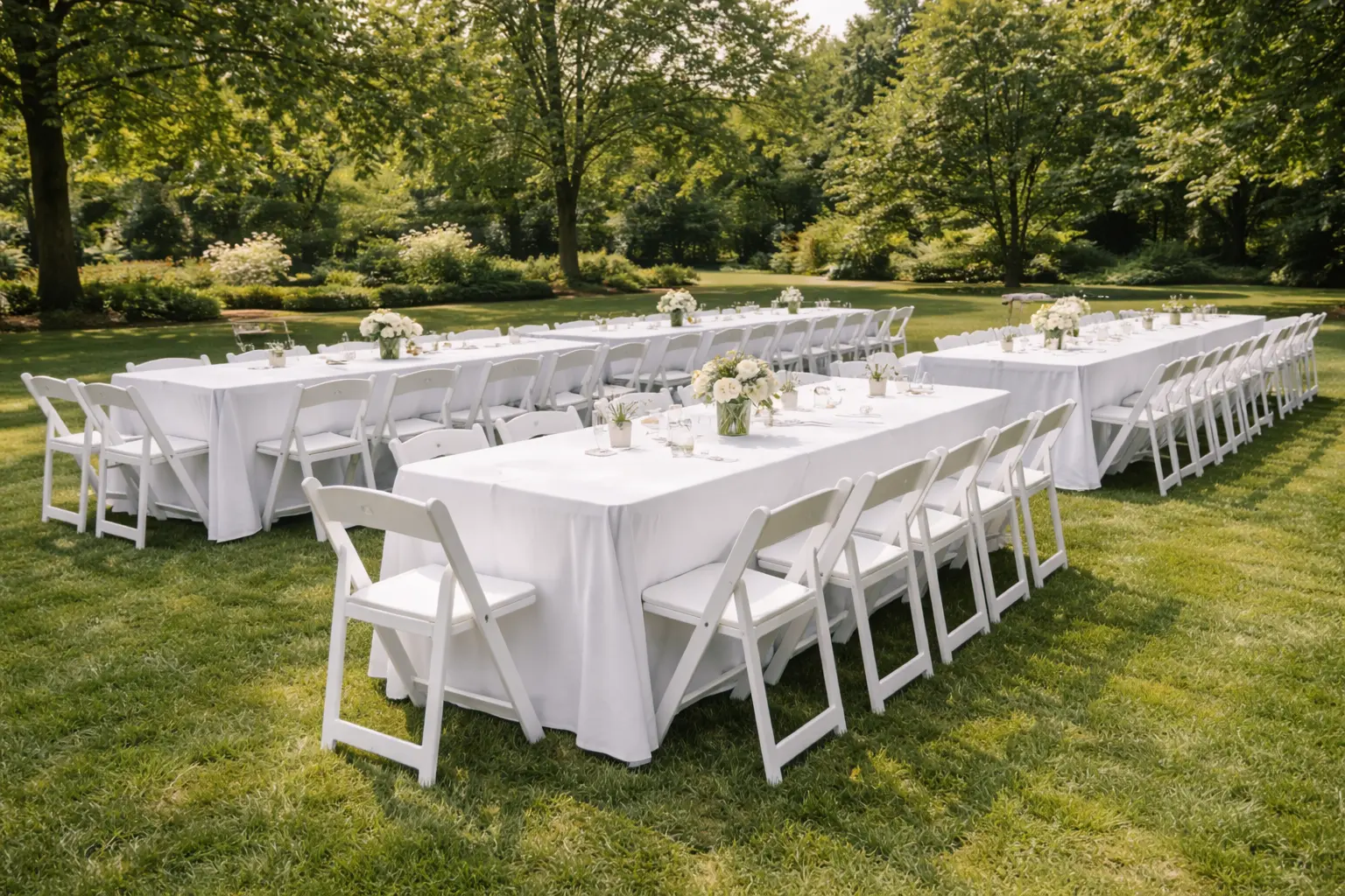 Banquet table and chair rental setup in Delaware with long rectangular tables arranged for a party or school event