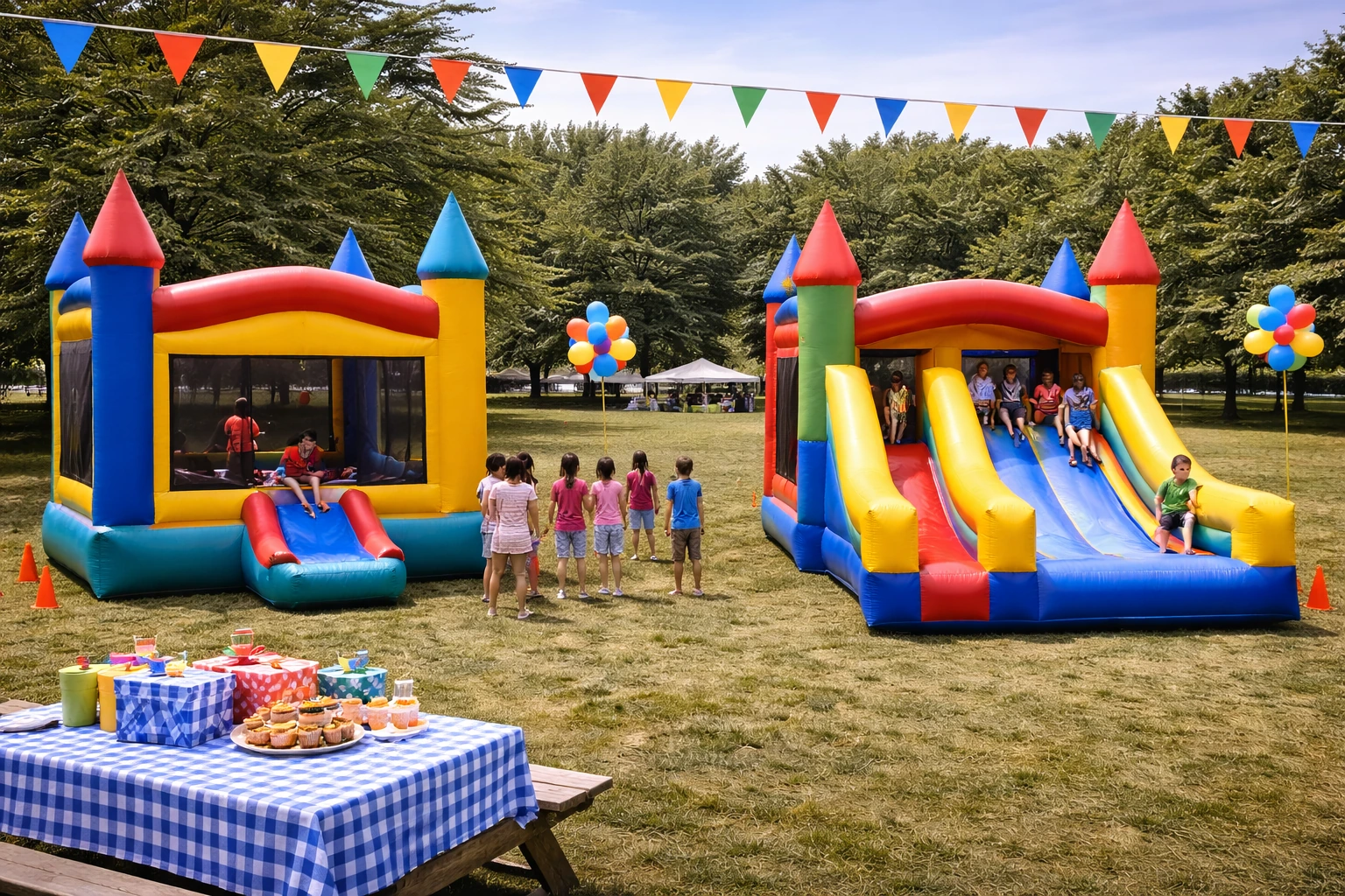 Bounce house rentals in Delaware with colorful inflatable moon bounces and combo units at an event