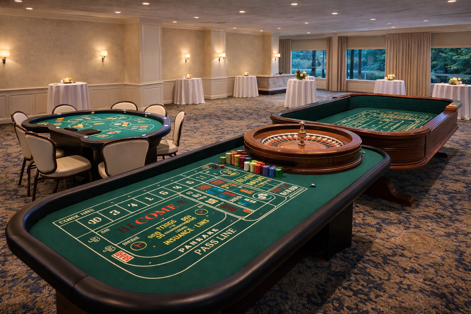 Casino game rentals in Delaware with blackjack, roulette, craps, and casino night tables at an event