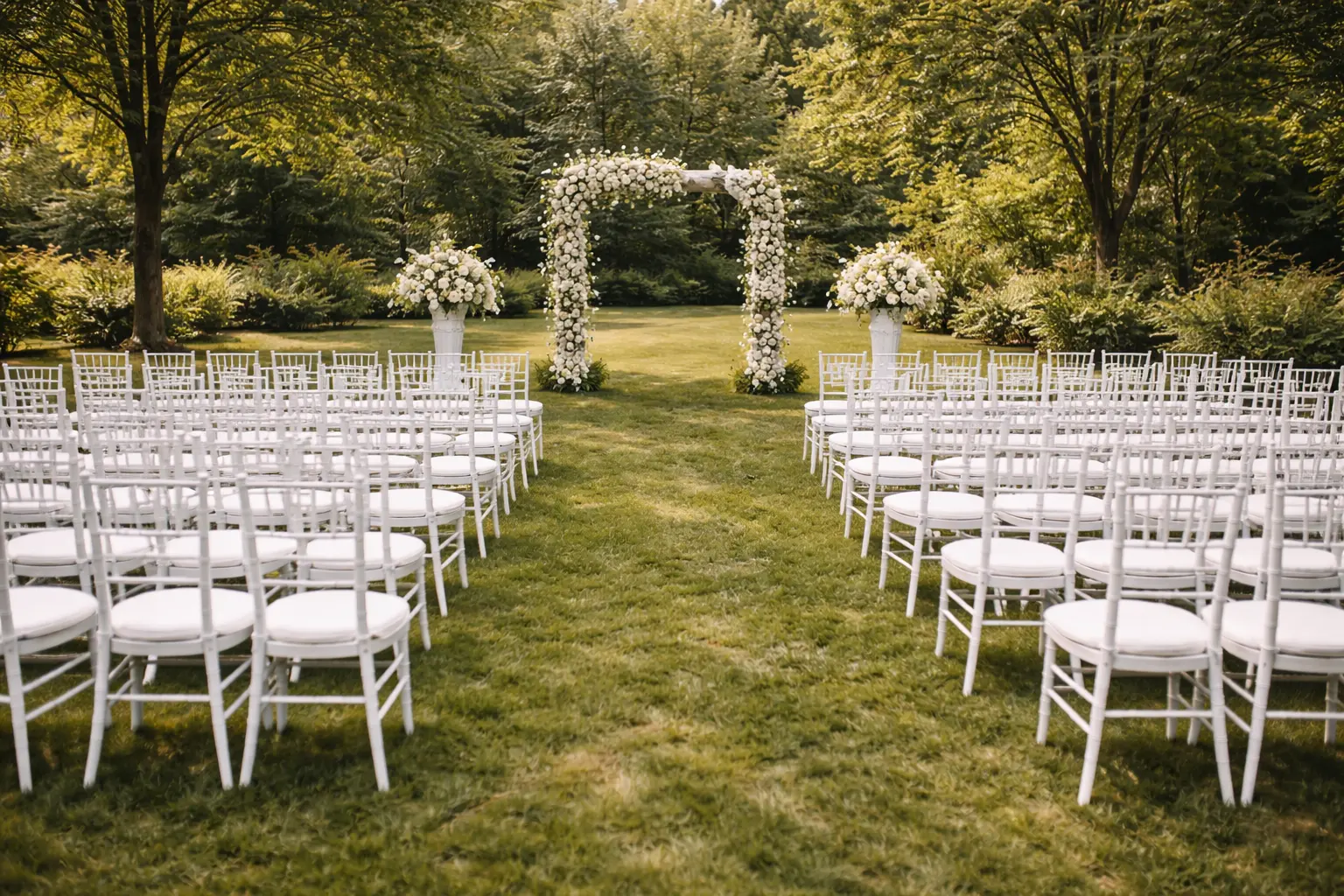 Ceremony chair rental setup in Delaware with elegant event chairs arranged for a wedding ceremony or formal gathering