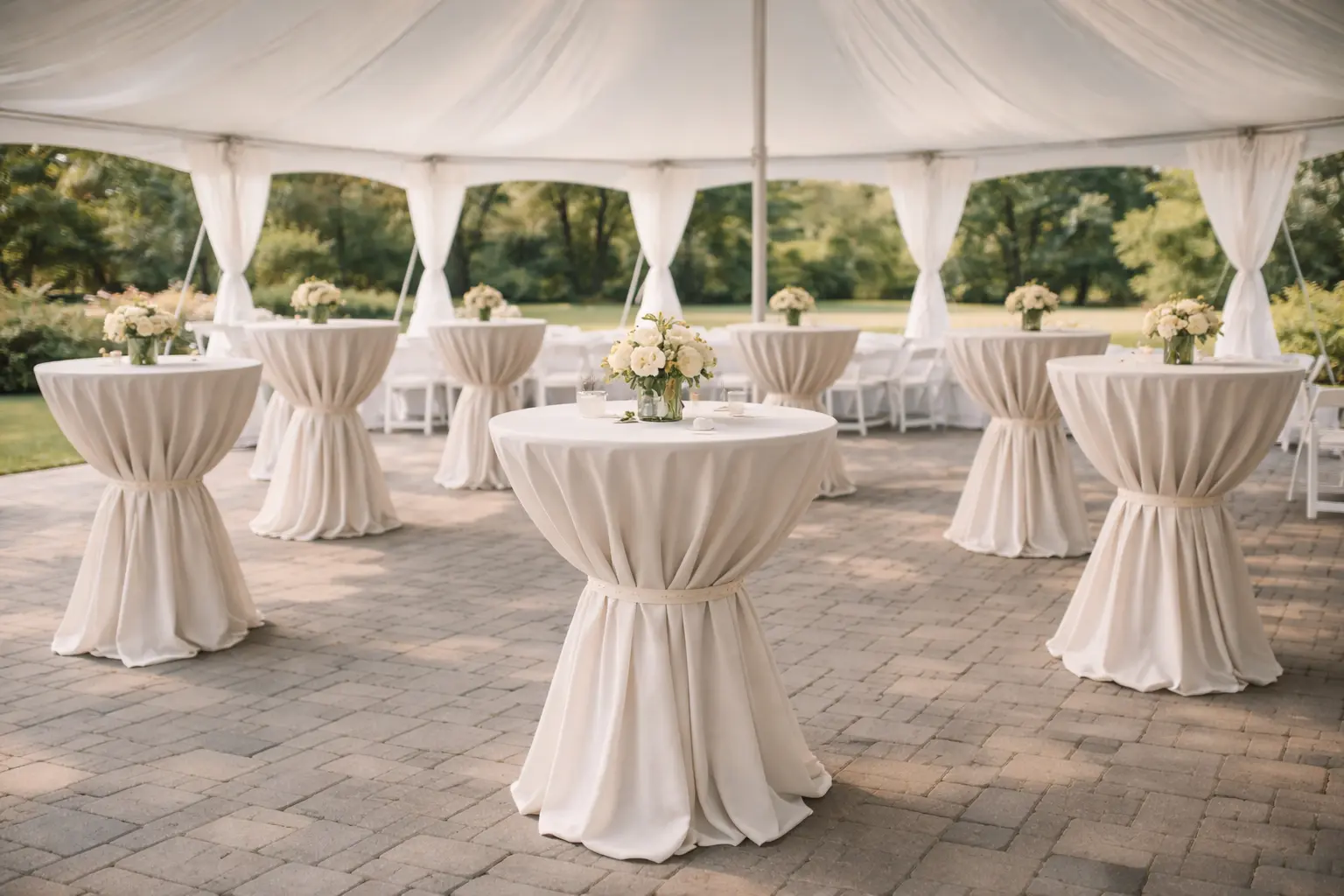Cocktail table rental setup in Delaware with highboy tables arranged for a corporate or wedding cocktail hour