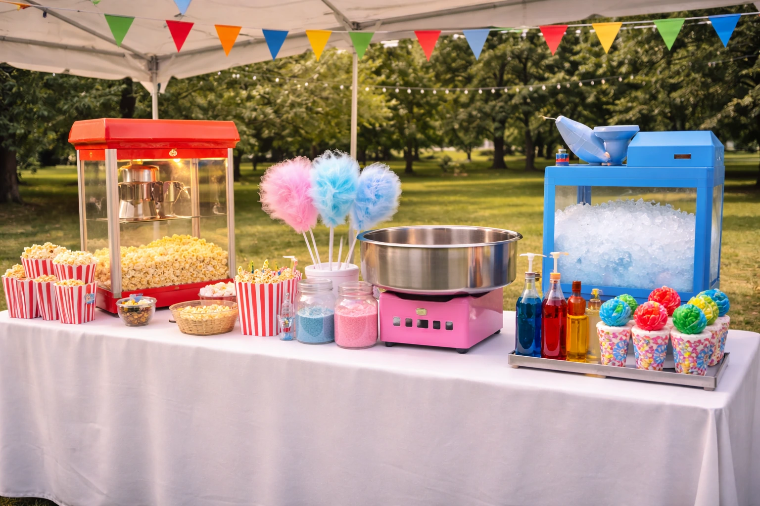Concession rentals in Delaware with popcorn, cotton candy, and event food stations set up for a festival or party