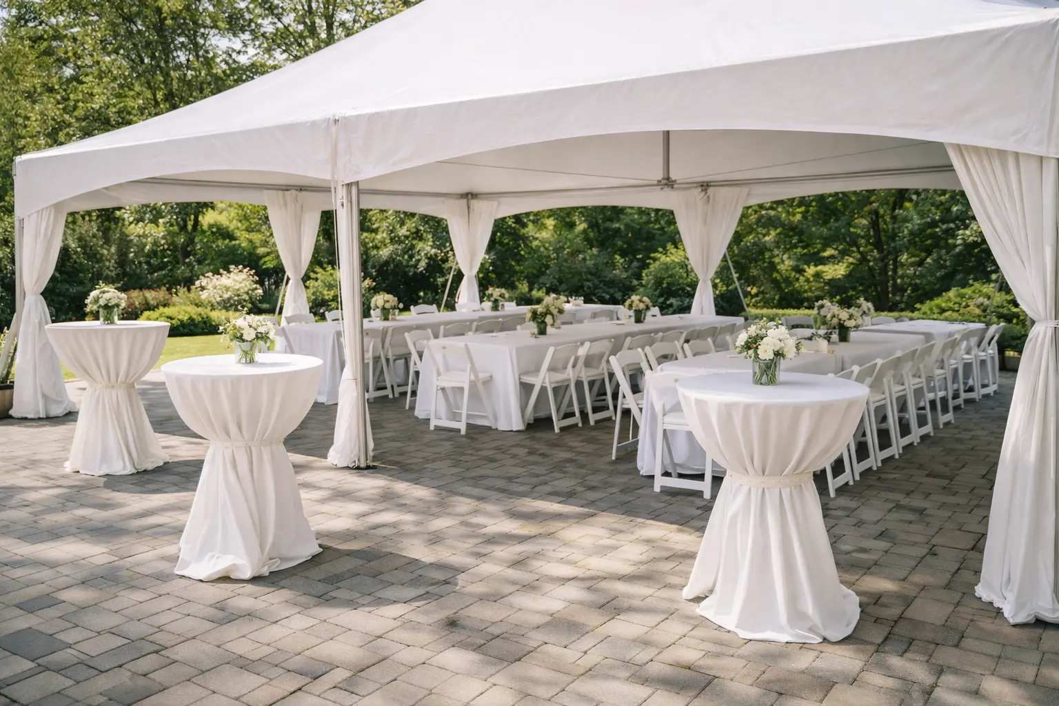 Frame tent rental in Delaware set up on a patio or tight event space with tables and chairs underneath