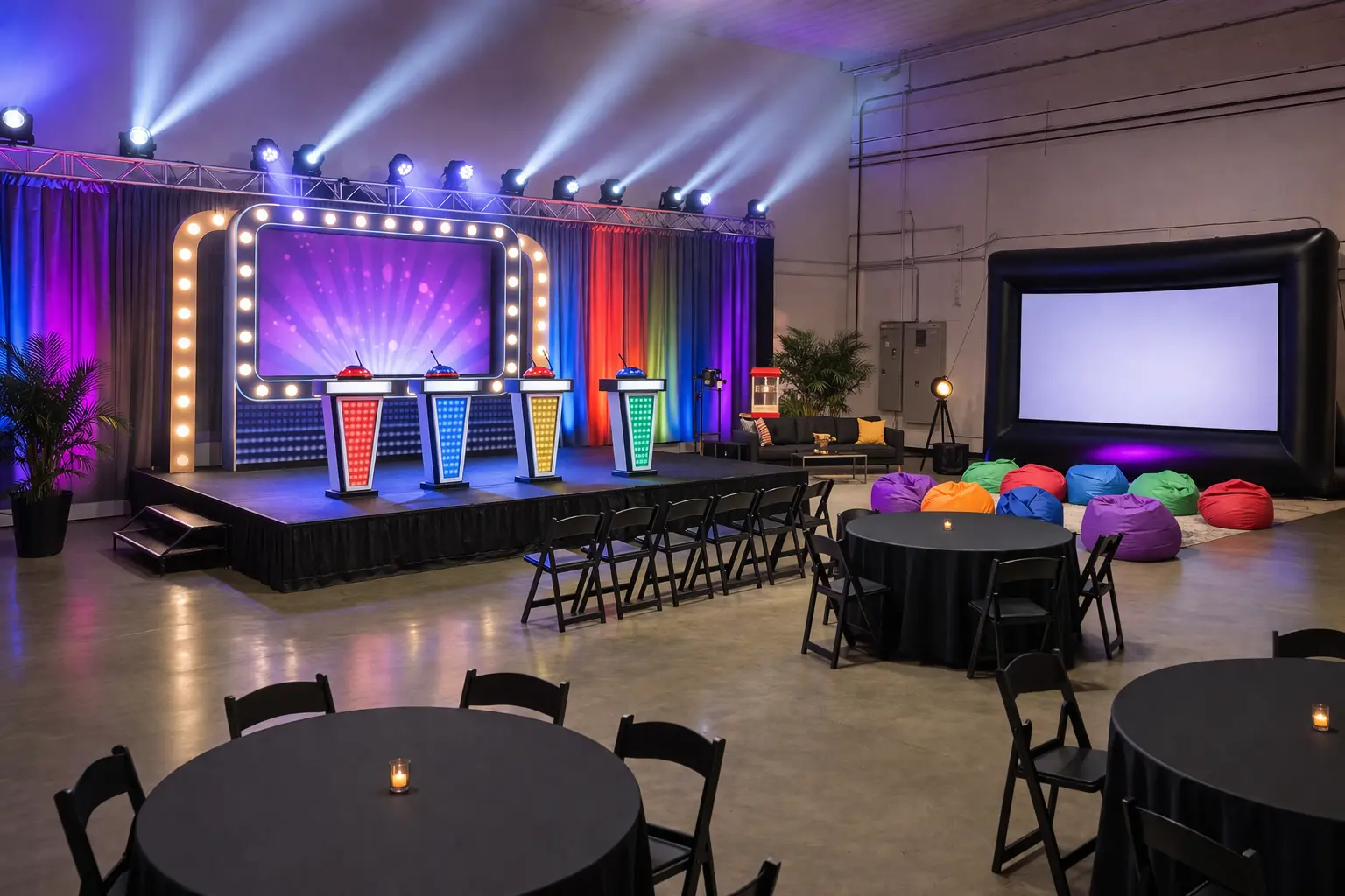 Game show and movie night rentals in Delaware with hosted-style stage setup and inflatable movie screen