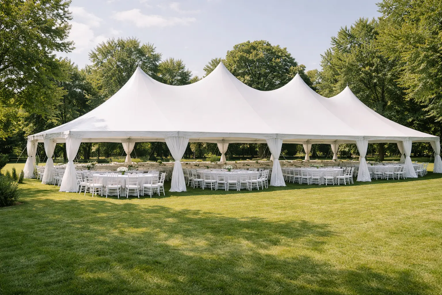 High peak tent rental in Delaware set up for a graduation or backyard party with tables and chairs underneath