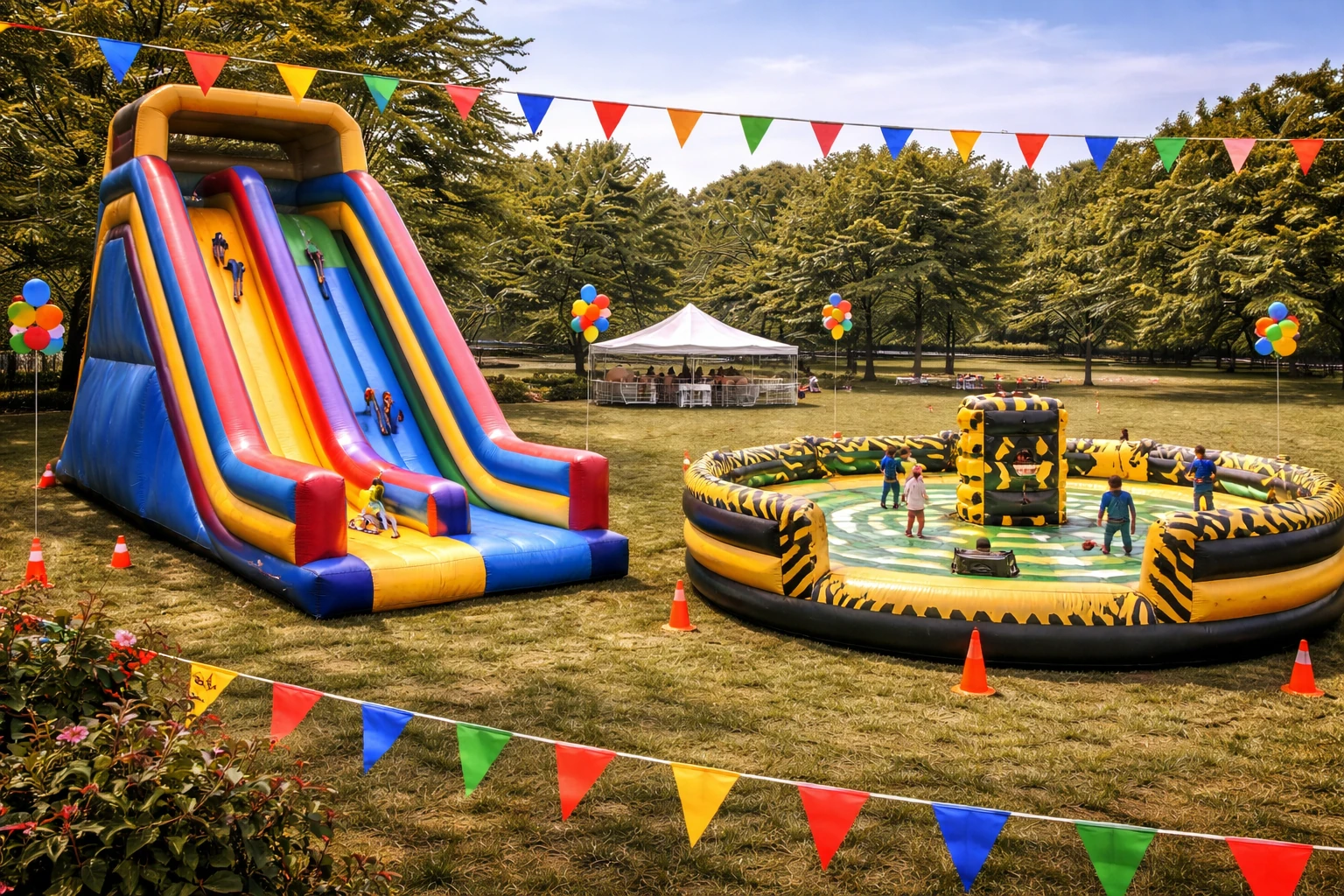Inflatable ride rentals in Delaware with giant slides and ride-style attractions at an event