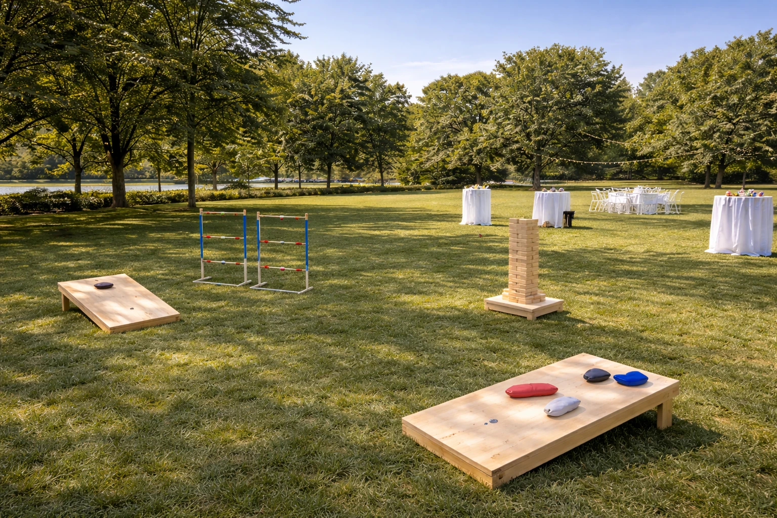 Lawn game rentals in Delaware with cornhole, giant jenga, and outdoor party games