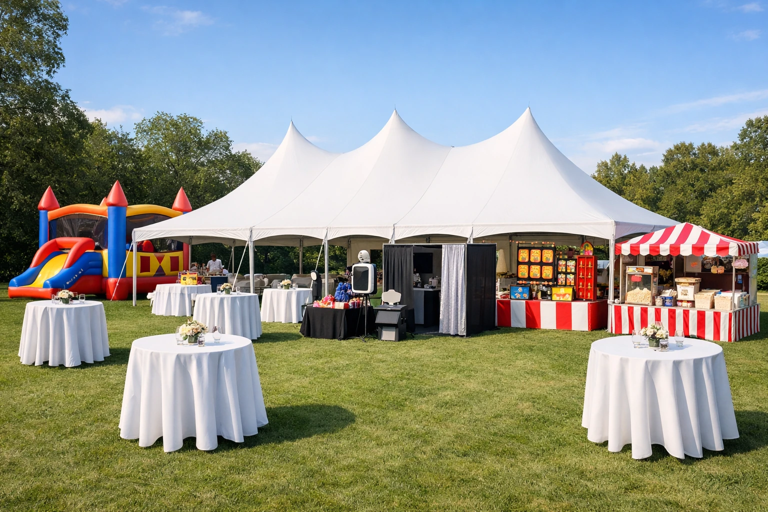 Party rentals in Delaware with tents, inflatables, games, photo booths, and event entertainment set up for a large celebration