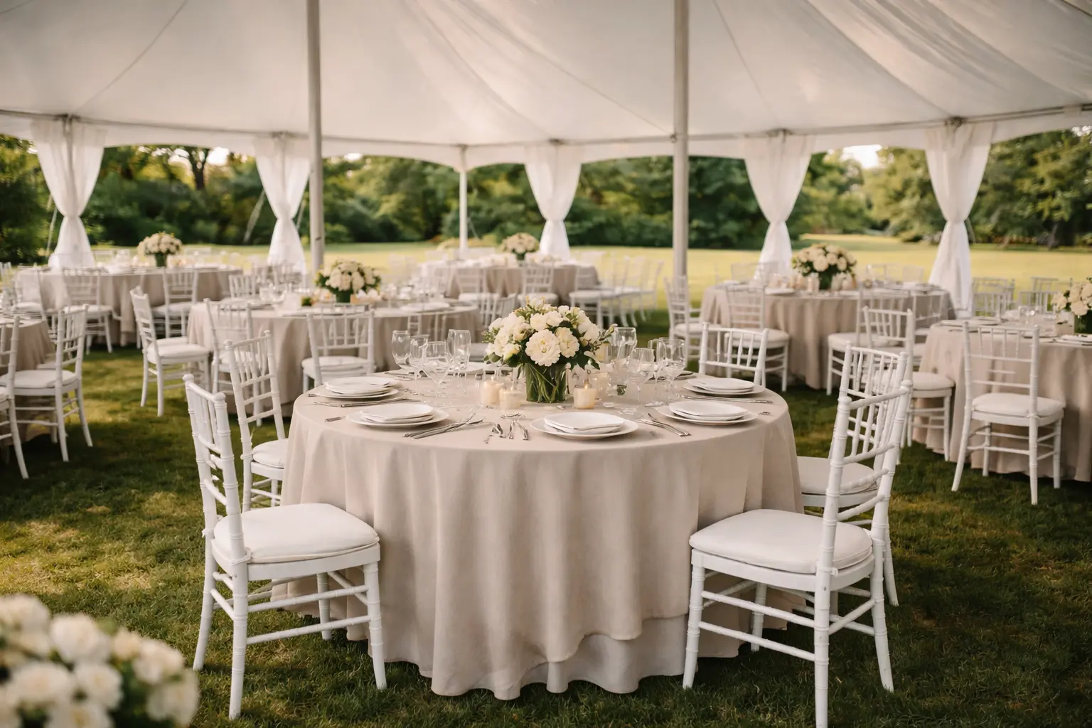 Round table rental setup in Delaware with event chairs arranged for a wedding reception or formal event