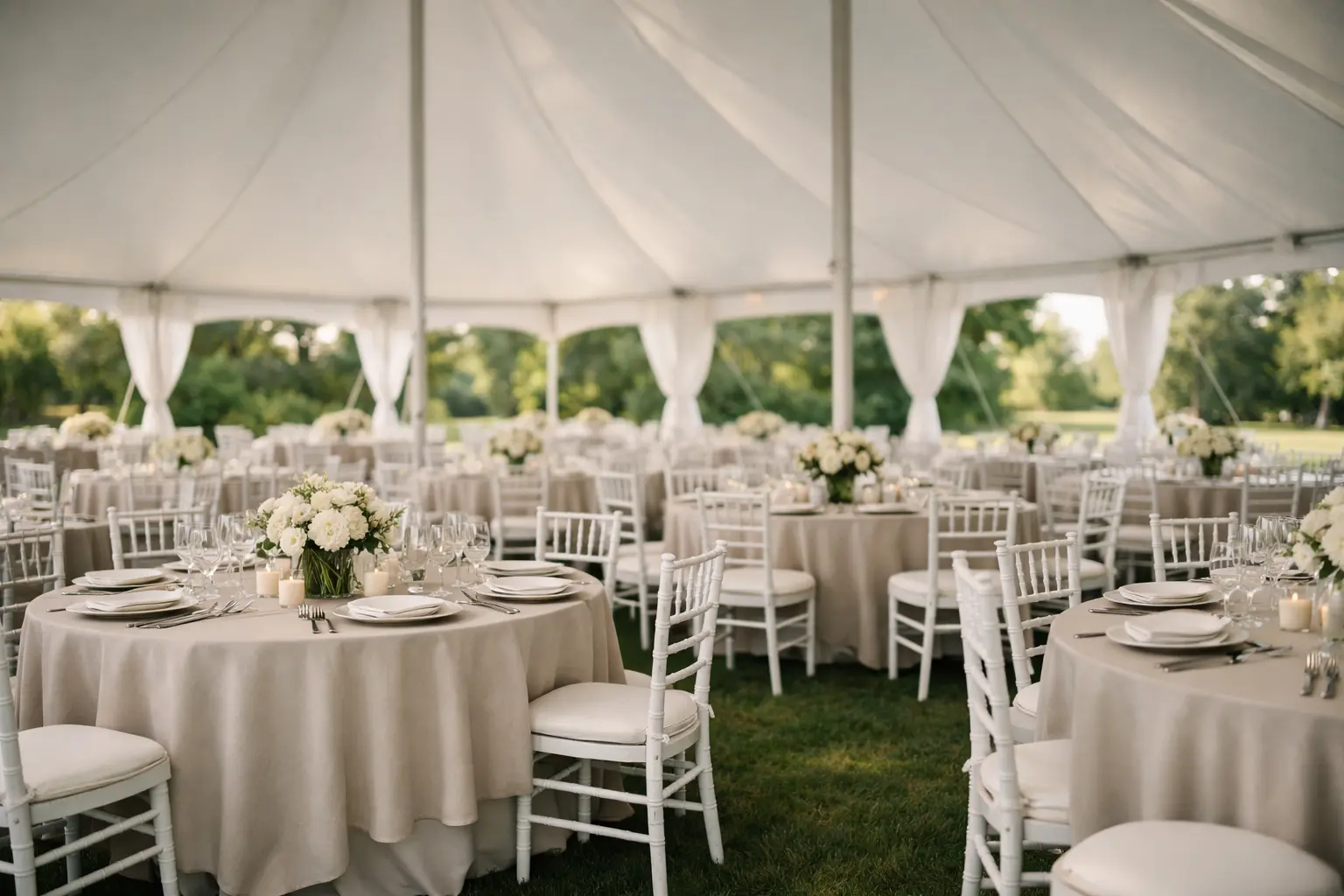 Tent, table and chair rentals in Delaware with a white high peak tent, round tables, and elegant chairs set for an outdoor event