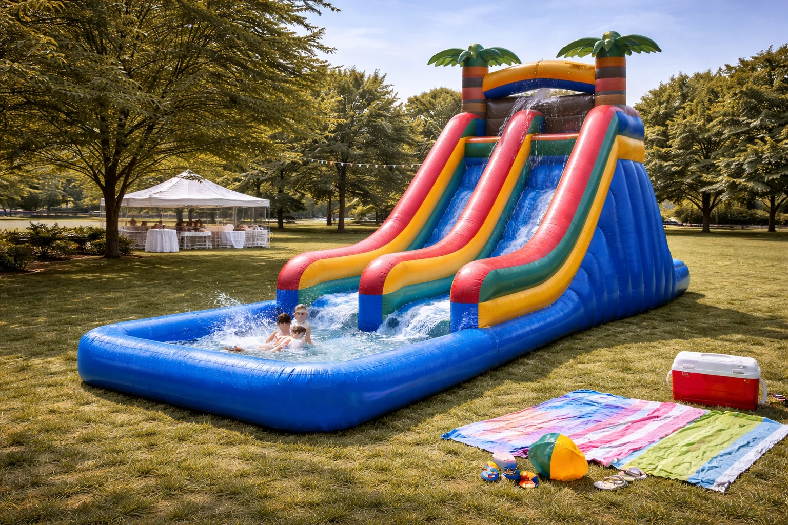 Water slide rentals in Delaware with inflatable summer slides set up for a party or field day