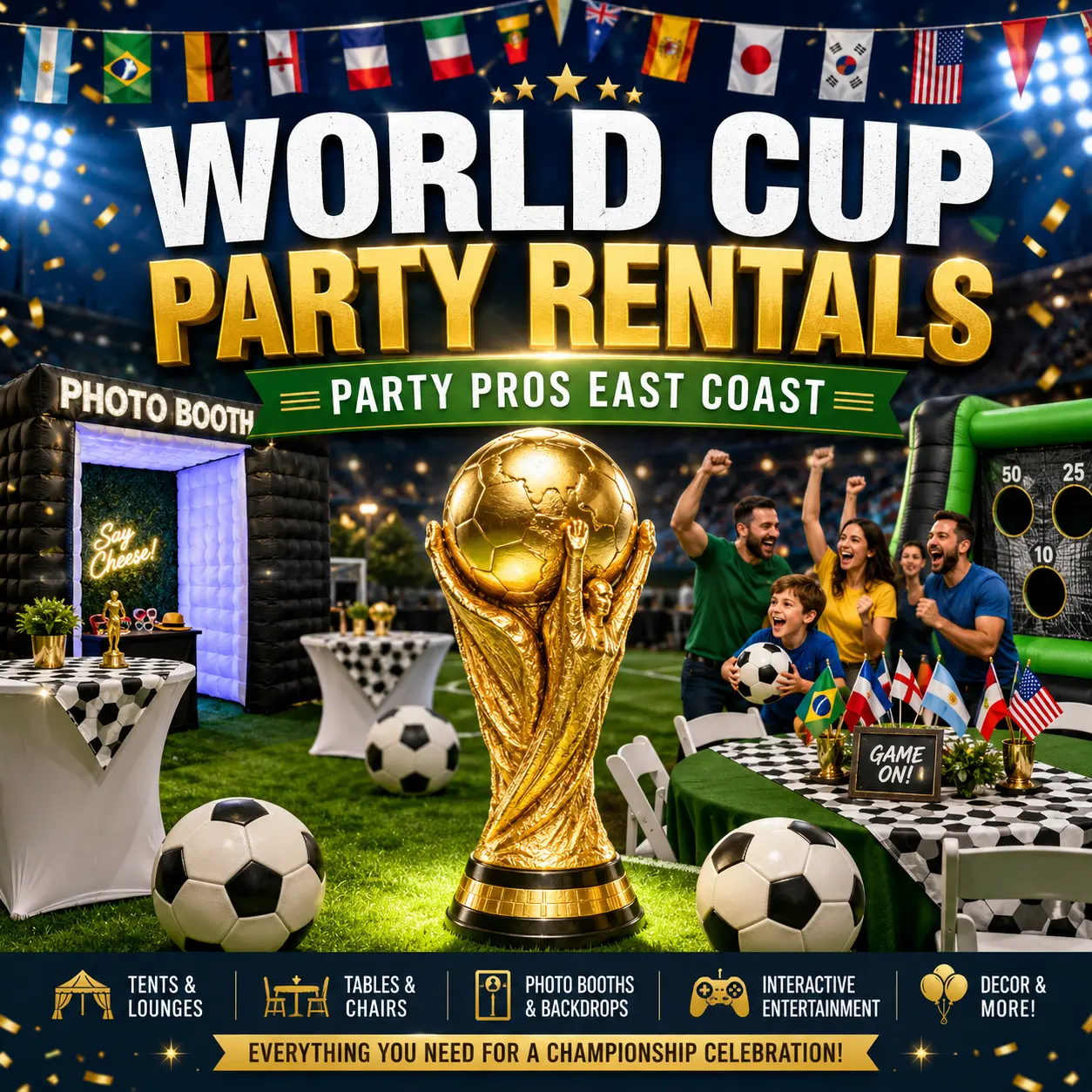 FIFA 2026 party rentals by Party Pros East Coast with soccer watch party setup