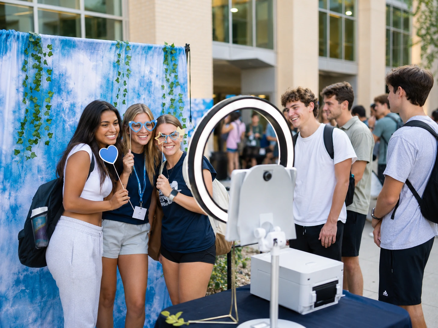 College orientation photo booth activity with students and props
