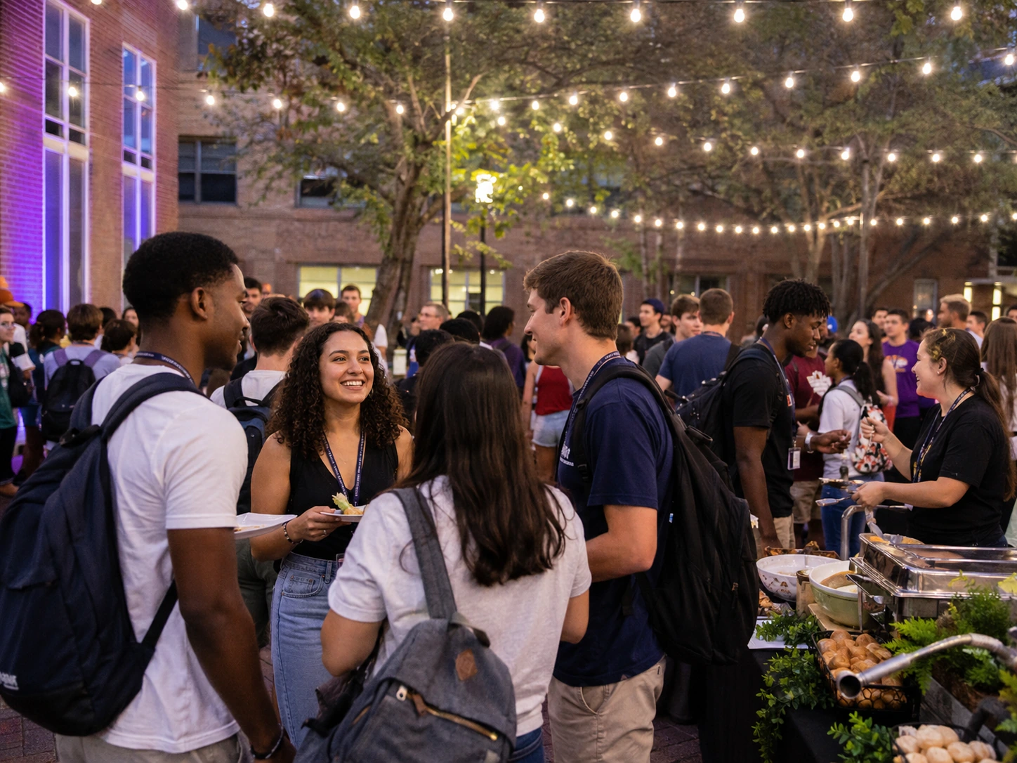 College orientation evening student social with string lights and outdoor gathering