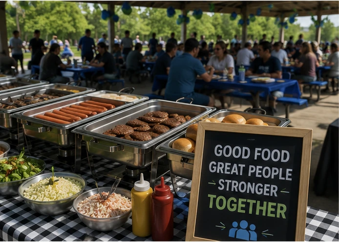 Company picnic lunch buffet setup with outdoor seating and team event signage