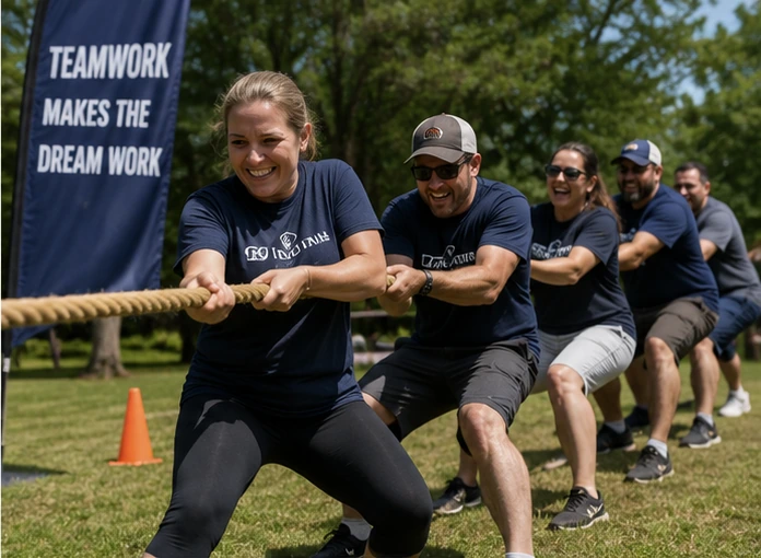 Company picnic tug of war game with employees competing outdoors