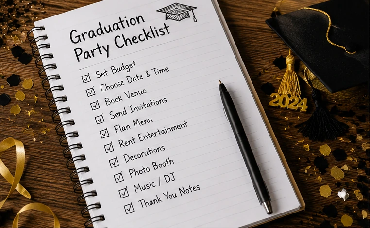 Graduation party checklist planning with cap, pen, and party notes