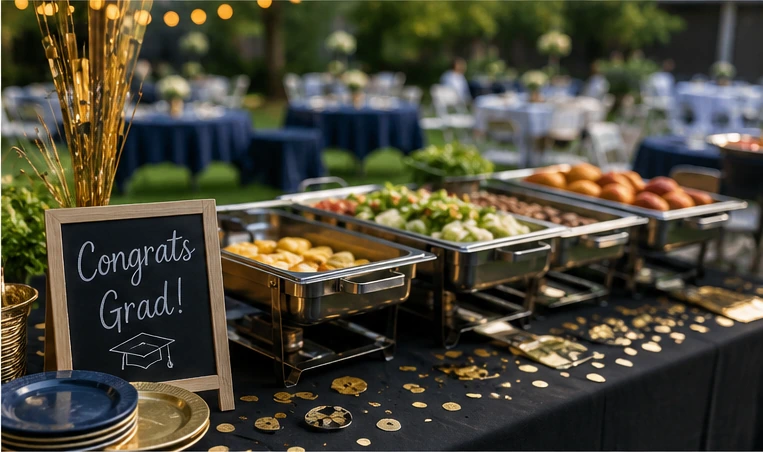 Graduation party food buffet setup with outdoor tables and decorations