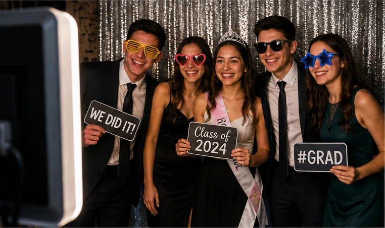 Graduation party photo booth fun with friends celebrating