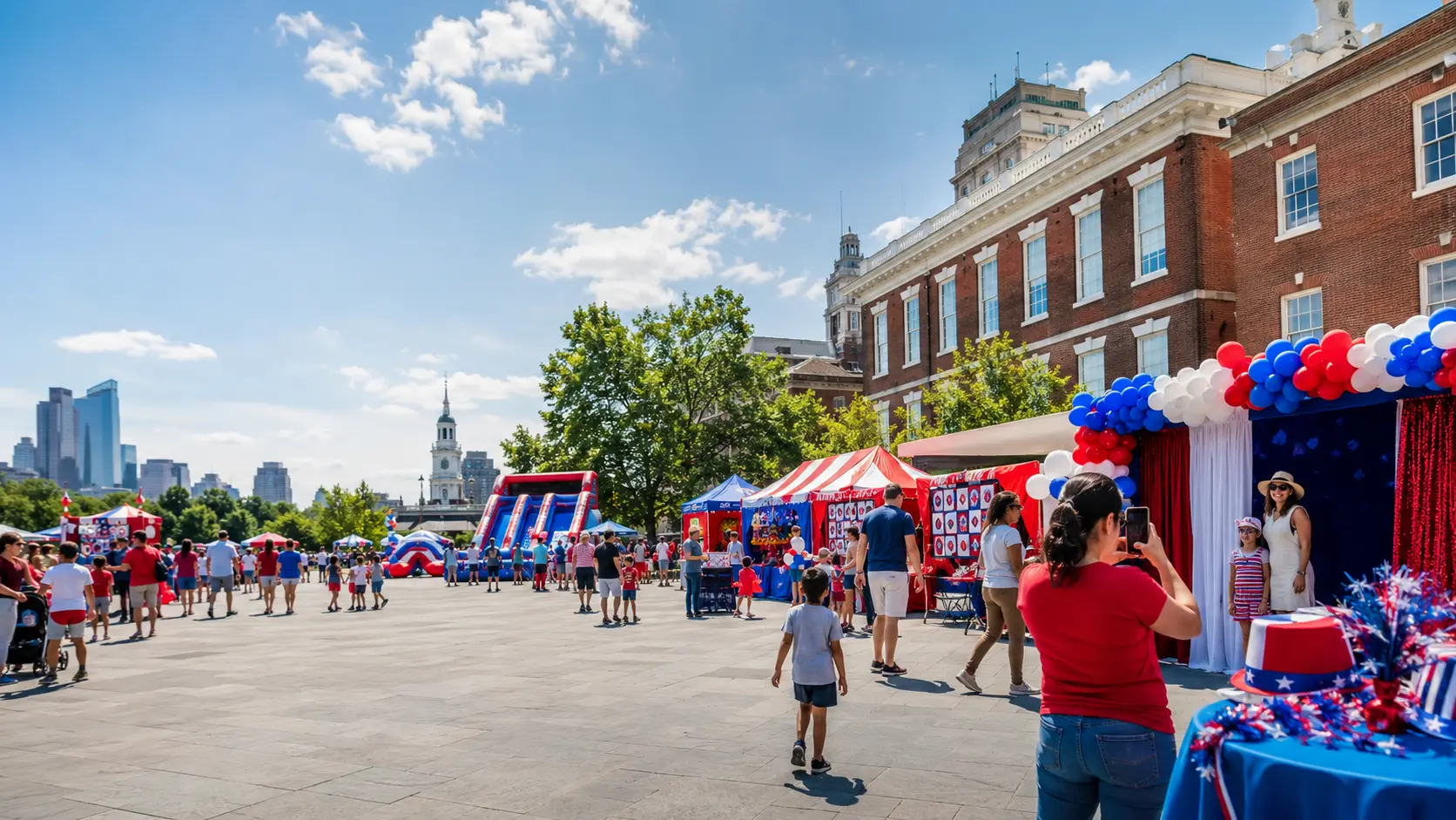 America 250 celebration rentals in Philadelphia with patriotic family event setup